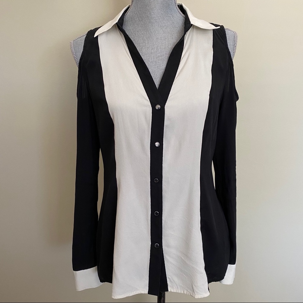 Cache | Silk Cold Shoulder Snap Down Blouse Shirt